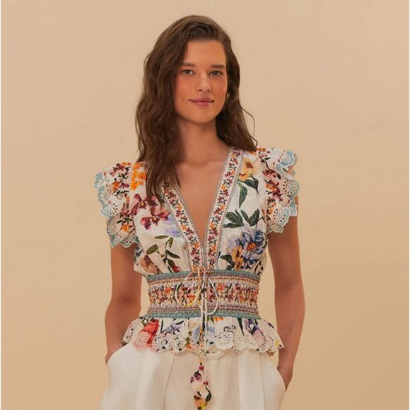 FARM Rio Tops - FARM Rio Floral Lace Trim Flutter Sleeve Blouse – XL